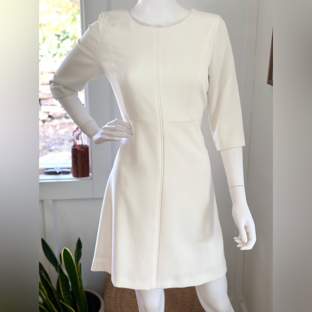 Tahari ASL 3/4 Sleeve Shift Dress Winter White Gold Zipper Back Size 6